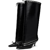 Goolita Metal Eyelets Pointed Toe Wide Calf Knee High Boots For Women Kitten Heel Lace Up Bow Pull On Tall Boots
