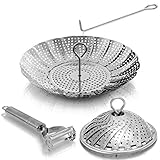 NEW DESIGN - Vegetable Steamer Basket - 5.5-9.3" - BEST Bundle - Fits Instant Pot Pressure Cooker - 100% Stainless Steel - BONUS Accessories - Safety Tool + eBook + Julienne Peeler - Steam Food Insert