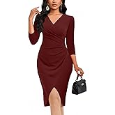 ZonJie Women's Sexy V Neck 3/4 Sleeve Faux Wrap Ruched Bodycon Dress Cocktail Party Work Wedding Guest Dresse