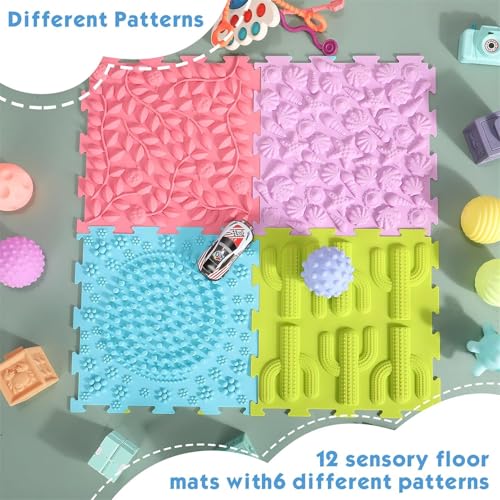 AM ANNA Sensory Mats for Autistic Children 12PCS, Massage Game Mats Puzzle Play Mats Textured Sensory Floor Tiles for Kids Toddlers Sensory Room Must Have, Puzzle Floor Mats Carpet (12 Pcs)