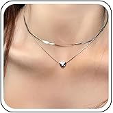 Andelaisi Boho Layered Snake Chain Necklace Choker Vintage Heart Snake Chain Choker Silver Heart Pendant Necklace Snake Herringbone Chain Necklace for Women