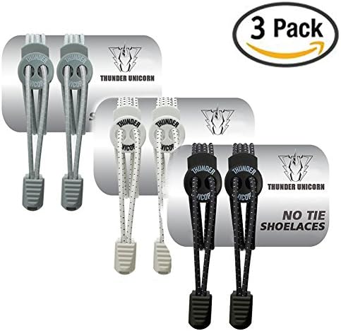 No Tie Shoelaces,(Pack of 3),THUNDER UNICORN Replacement Elastic Sneakers Boots Casual &amp; Work Shoes Shoelaces for Athletes, Adults and Kids With a Strong Lock Button(Black White and Gray)