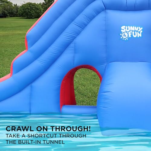 Sunny & Fun Deluxe Inflatable Water Slide Park & Splash Pool with Tunnel - Heavy-Duty for Outdoor Fun - Climbing Wall - Easy to Set Up & Inflate with Included Air Pump & Carrying Case