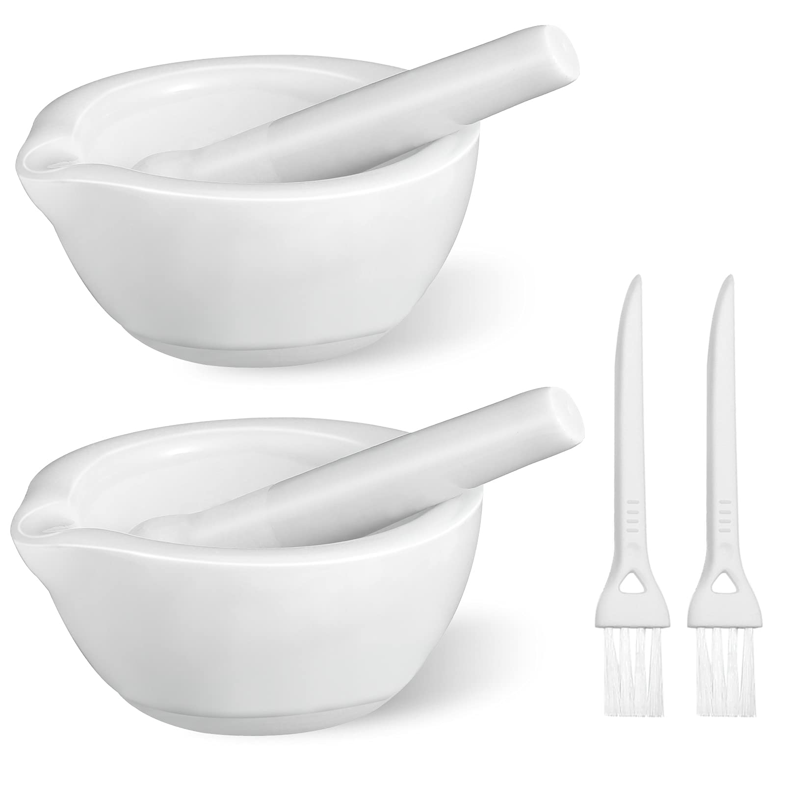 Photo 1 of 2 Sets Mini Porcelain Mortar and Pestle Set Porcelain Herb Grinder Crusher Grinding Bowl Kitchen Mixing Grinding Bowl with 2 Pieces Brushes for Seasonings, Sesame, Herbs, Medicine(60 mm)