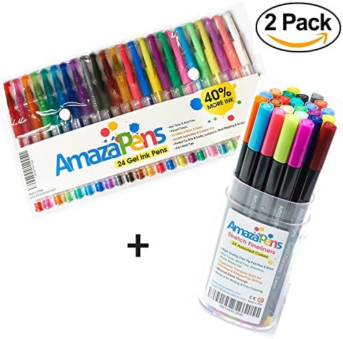 Coloring Pen Set for Adult Coloring Books - Bundle of 24 Assorted Gel Pens &amp; 24 Fineliners.