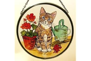 HENSITA Decorative Hand Printed Stained Glass Window Sun Catcher/Roundel in a Kitten and Geraniums Design