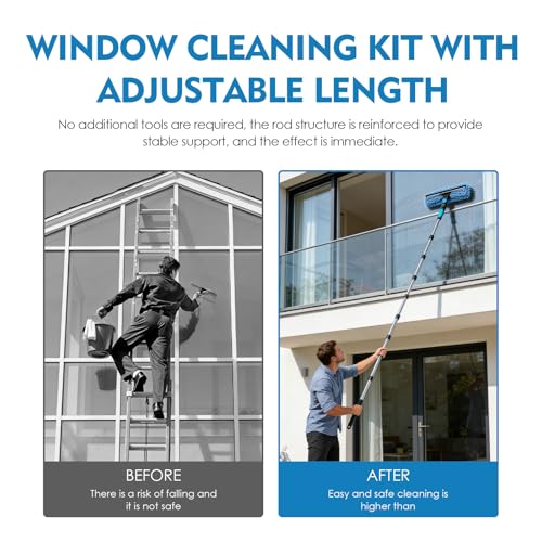 Telescopic Glass Cleaner, 10 Sticks, 0.13-4 m, 180° Rotating Head, Replacement Cloth, Chenille and Brush, for Roofing Terraces, Greenhouses, Skylights, Large Glazed Surfaces | For high windows, shower, car, mirror, microfibre covers, professional quality