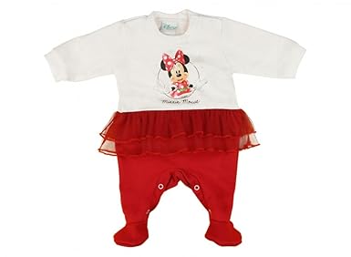 Mädchen Baby-Strampler mit Füßchen GEFÜTTERT, Minnie Mouse mit Tüll-Rock in GRÖSSE 56, 62, 68, 74, Baby-Schlafanzug LANG-ARM 