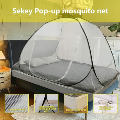 Sekey Pop Up Mosquito Net with 4 Tie Down Straps, Double Zip, Foldable Mosquito Net, Portable Camping Tent with Carry Bag, Ultralight Double Bed for Outdoor Travel, 200 x 180 x 145 cm, White