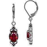 Silvershake 8X6mm Oval Shape Birthstone Gemstone Antique Finishing or Yellow Gold Plated 925 Sterling Silver Balinese Style Leverback Dangle Earrings Jewelry for Women