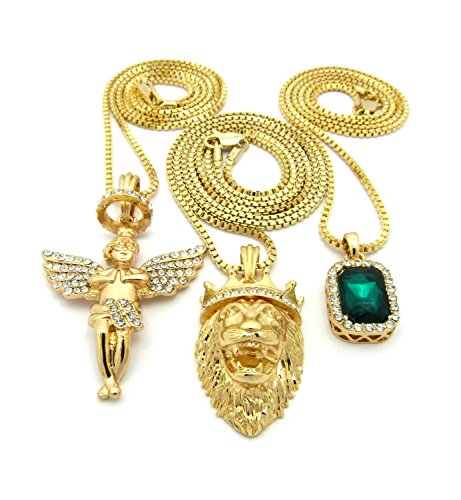 Micro Colorful Gemstone, Angle, Lion Pendant 24",30" Box Chain 3 Necklace Set Gold Tone RC1413G (Green)