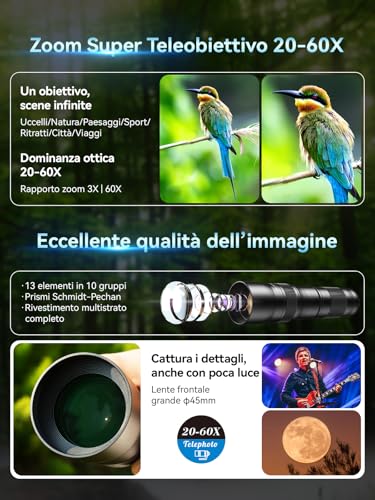 APEXEL Obiettivo zoom 20-60X professionale per smartphone – Cattura scene lontane con facilità