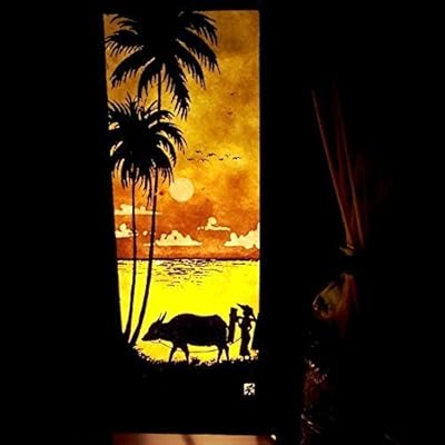 Pakdeevong shop Buffalo Table Lamp Night Light Lighting Shade Floor Desk Outdoor Touch Room Bedroom Modern Vintage Handmade Asian Oriental Wood LED Bedside Gift Art Home Garden Christmas