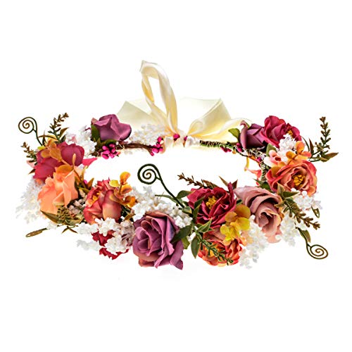 Adjustable Flower Headband Hair Wreath Floral Garland Crown Headpiece with Ribbon for Wedding Ceremony Party Festival
