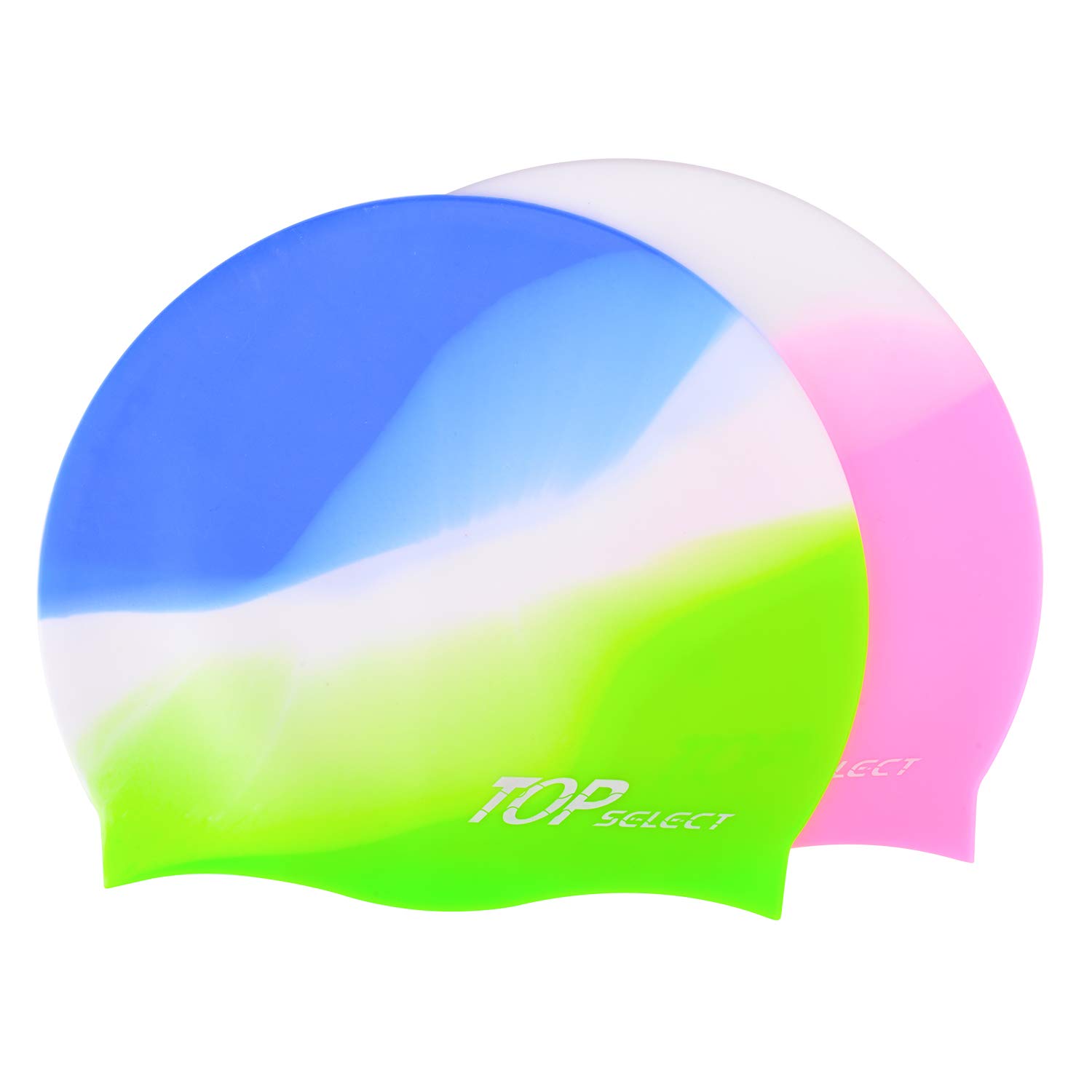 Photo 1 of 2pcs Swim Caps for Youth Boys Girls,Unisex Silicone Swimming caps for Toddler Aged 3-12 Waterproof Bathing Caps for Long and Short Hairs, Comfortable and Durable (Pink/Blue Green)