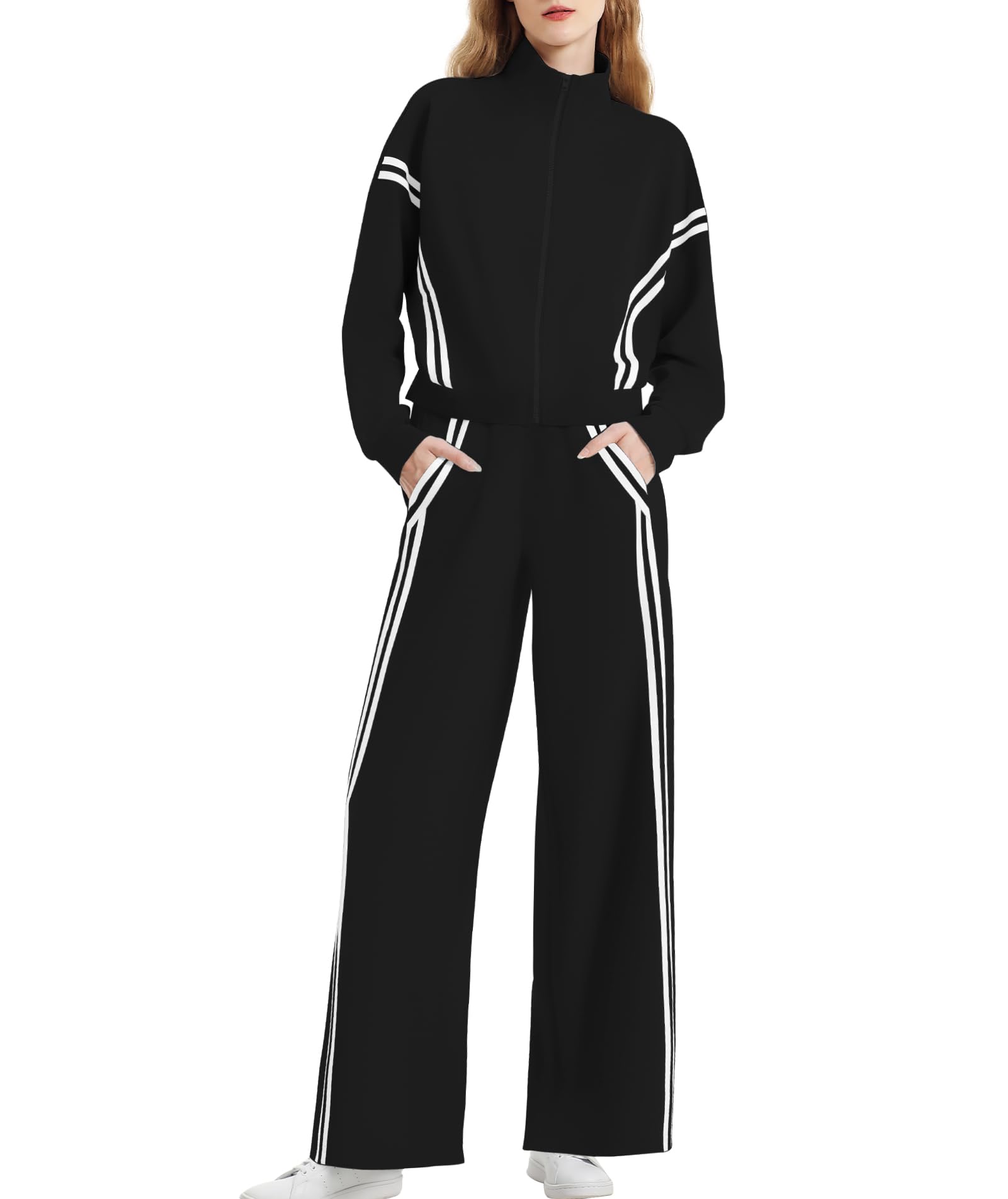 Photo 1 of Casly Lamiit Womens Two Piece Lounge Sets Fall Track Outfits Sweatsuit Stripes Sweatshirt Jogger Pants 2025 Fashion Travel Airport Activewear Black M