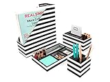 Blu Monaco Black - White Stripes Desk Organizers and Accessories - 4 Piece Desktop Cubicle Decor Set - Letter - Mail Organizer, Desk Organizer Caddy Tray Office Supplies, Pen Cup, Magazine File Holder