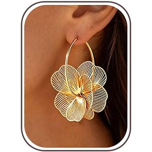 Gold Flower Dangle Earrings for Women Trendy Statement Hoop Earring Jewelry | Hypoallergenic Silver Post Earrings for Sensiti