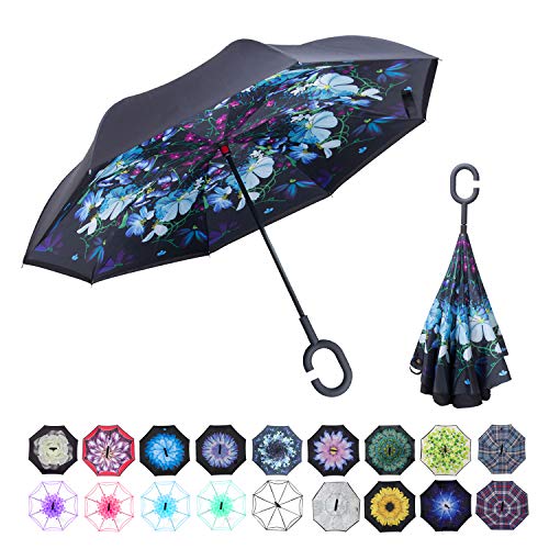 WASING Inverted Umbrella Double Layer Windproof Reverse Umbrella for Car and Outdoor Use (Flower Demon)
