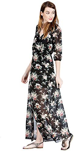 Orange Creek Women's Surplice Front Black Floral Side Slit Cinched Waist Maxi Dress