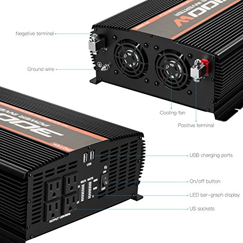 POTEK 3000W Power Inverter 4 AC Outlets DC 12V to 110V AC Car Inverter with 2 USB Port