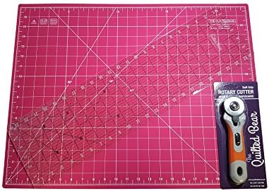 Quilted Bear 17" x 23" Double Sided Self-Healing Cutting Mat + 24" Quilting Ruler + 45mm Rotary Cutter Quilter's Bundle - Various Colour Cutting Mats (Pink)