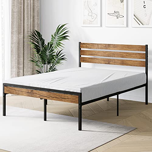 Idealhouse Full Bed Frame with Wood Headboard and Metal Slats Support