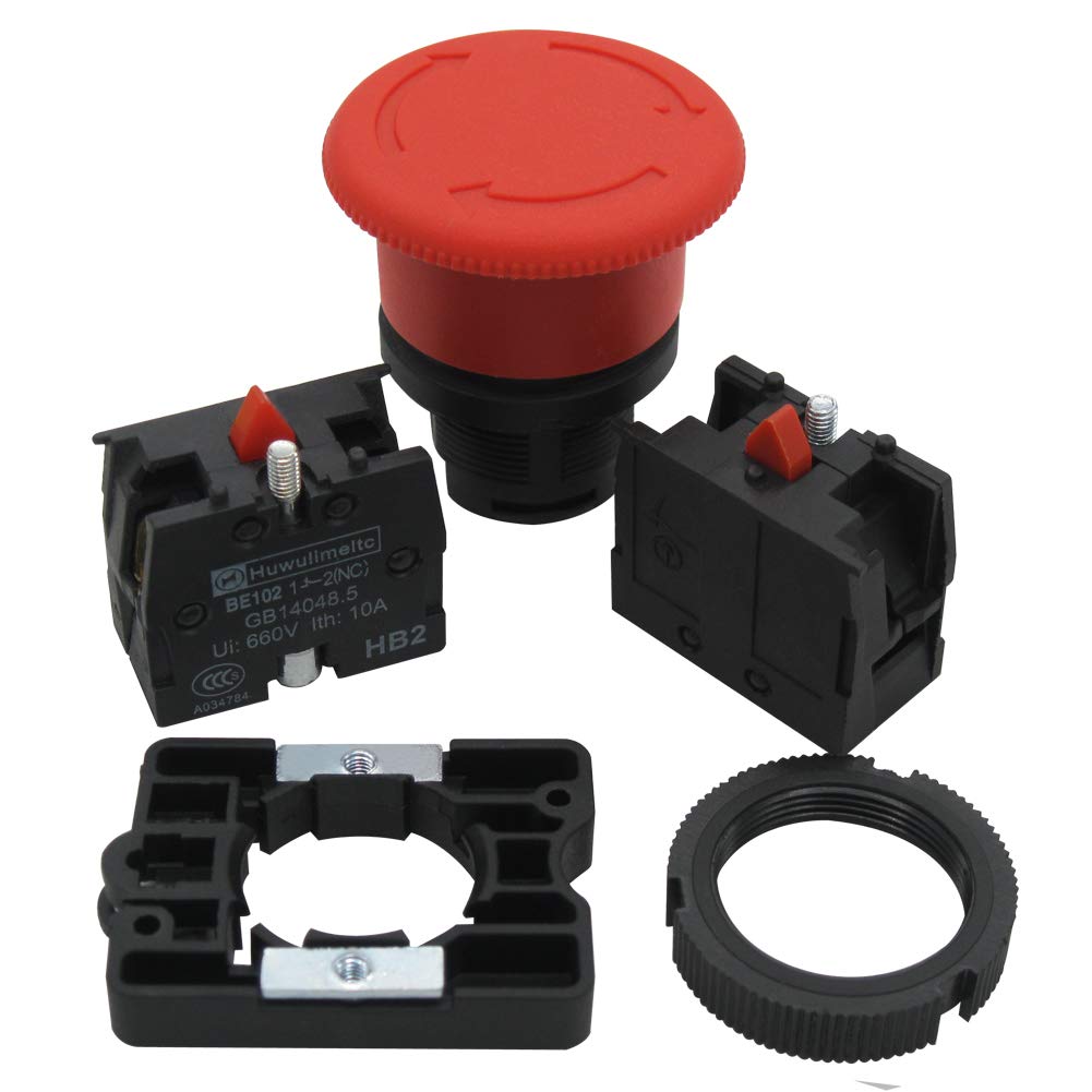 mxuteuk 2pcs 22mm Red Mushroom Switch AC 660V 10A 1NC 1NO Red Mushroom Emergency Stop Push Button Switch with Emergency Stop Sign ,1 Year Warranty HB2-ES545 - Image 5