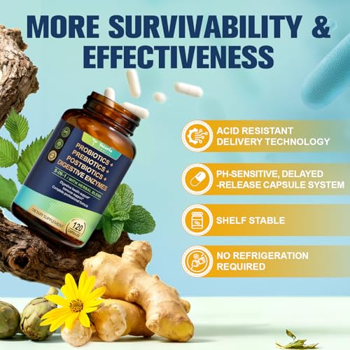 Totaria 5-in-1 Probiotic Prebiotic & Postbiotic for Women Men, 60 Billion CFU 24 Strains w/Digestive Enzymes, Prebiotic Fiber, Slippery Elm, Daily Complete Immune, Gut Health, 120 Day Supply