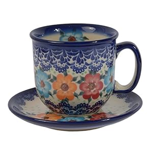 Traditional Polish Pottery, Handcrafted Ceramic Coffee Cup and Saucer 275ml, Boleslawiec Style Pattern, F.201.BLUELACE