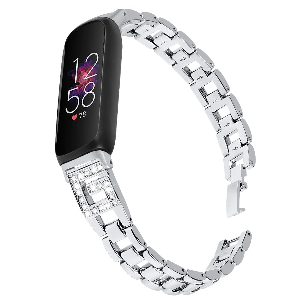 Gimuk Metal Strap for Fitbit Inspire 3 Straps for Women Men, Adjustable Stainless Steel Bands Bling Rhinestone Replacement Strap Bracelet Wristbands for Fitbit Inspire 3 (Silver)