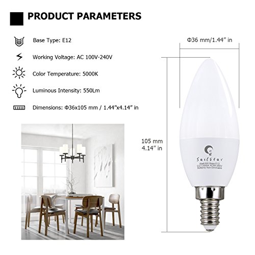 Candelabra LED Bulb 6W, Daylight 5000K, 600 Lumen Torpedo Shape B11 LED Light, 60 Watt Equivalent, E12 Candelabra Small Base, Non-Dimmable, for Ceiling Fan or Chandelier Lamp,12-Pack by Sailstar - Thumbnail 5