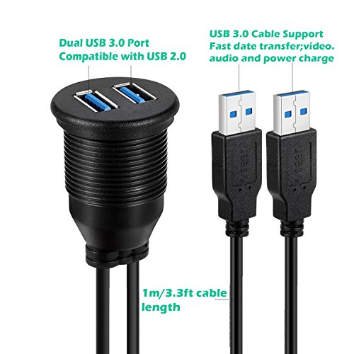 USB 3.0 Mount Cable - Powerbeast Dual USB 3.0 Extension USB Mount,Dash Mount,Flush Mount,Panel Mount Cable For Car Boat Motorcycle and Motorized DVD Receiver (1 Meter 3.3ft)