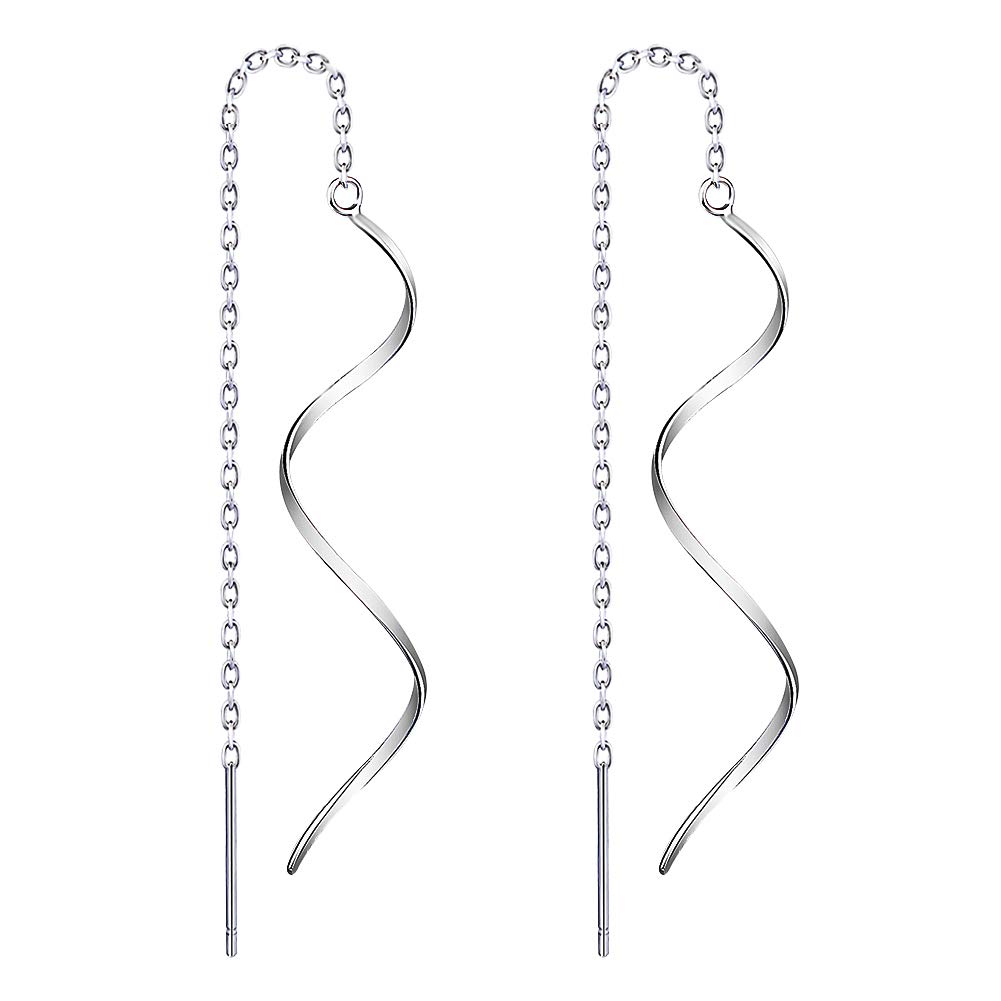 Yaneno 925 Sterling Silver Needle Drop Threader Pull Through Dangle Twist Earrings for Women (White)