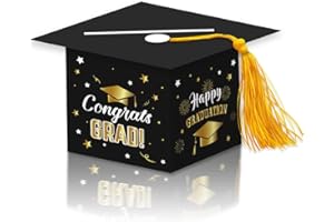 Topfunyy 2025 Graduation Party Card Box, Black Gold Congrats Cap Card Holder Box with Tassel for 2025 Graduation Party Decora