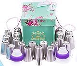 Pastry King 34 Pieces Russian Piping Tips Box with 21 Icing and Decorating Nozzles for Cake/Cupcake 10  Bags 1 Extra Large Silicon Bag a Cupler a Tri Cupler and an Instructional Flyer