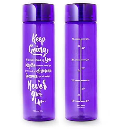 AQUANE 32oz Inspirational Fitness Workout Sports Water Bottle with Time Marker | Measurements | Goal Marked Times For Measuring Your H2O Intake, BPA Free Non-toxic Tritan (Purple)