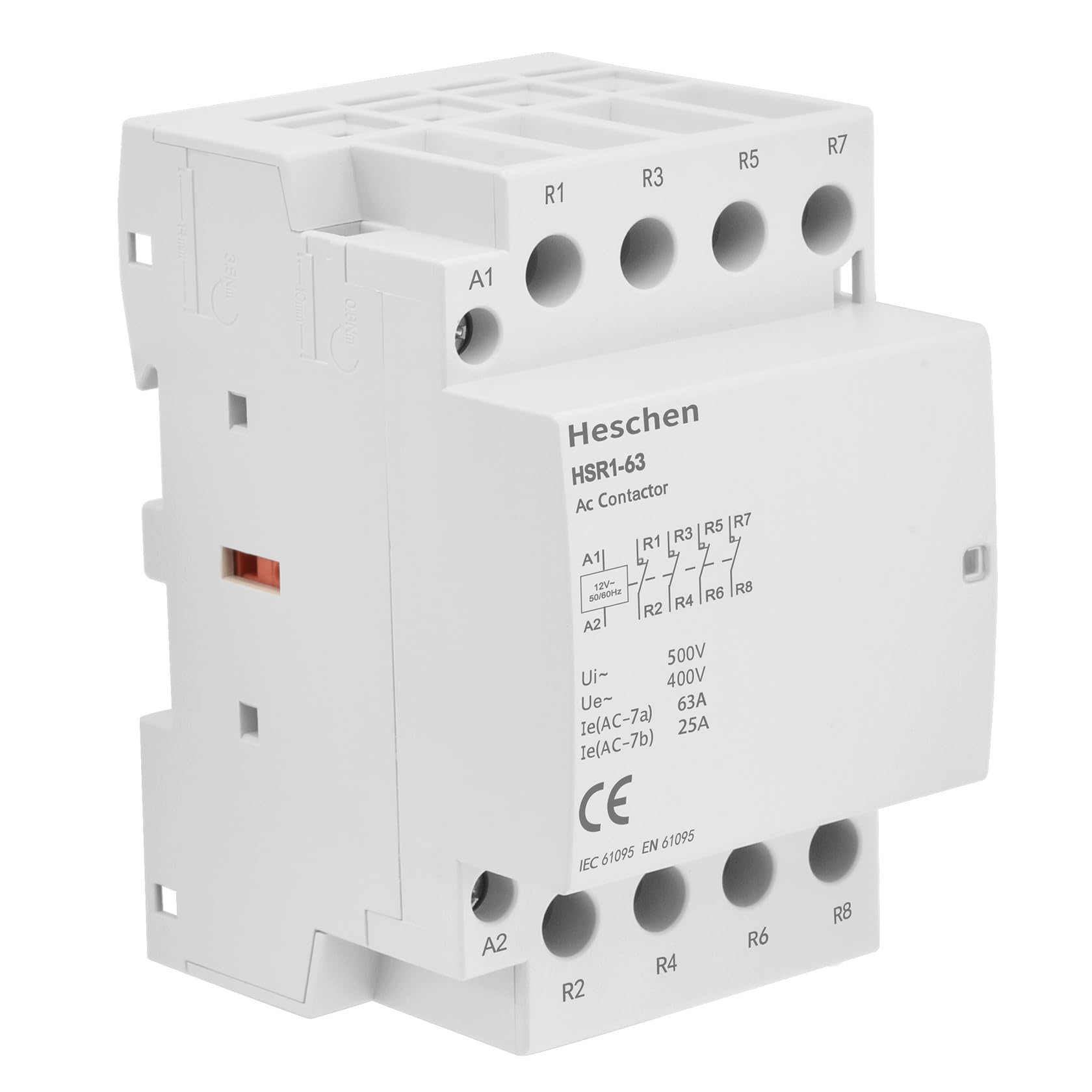 Heschen Household AC Contactor, HSR1-63, Ie 63A, 4 Pole Four Normally Closed, AC 12V Coil Voltage, 35mm DIN Rail Mount