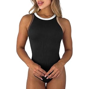 CHICME Women's Contrast Binding Bodysuit Tank Top BodySuits | Ribbed Knit Slim Fit Sleeveless Round Neck Macaron Color Blocki