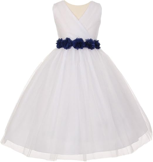 white flower girl dress with blue sash