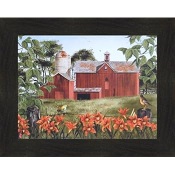 Home Cabin Décor Summer Days by Billy Jacobs 16x20 Red Barn Robin Tiger Lilies Flowers Birds Fencepost Framed Folk Art Print (2