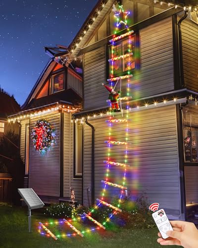 2023 Newest Outdoor Christmas Decorations, 10ft Solar Christmas Ladder Lights with Santa Claus & Top Star, 8 Modes Colorful Waterproof Christmas Decorations Outside Window Wall Roof Xmas Tree Decor