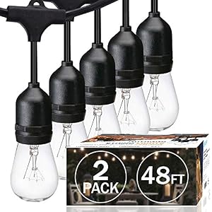 Image of SUNTHIN Pack of 2 48ft String of Lights with 15 x E26 Sockets and Hanging Loops 18 x 11 Watt S14 Bulbs 3 Spares Indoor Outdoor String Lights Commercial String Lights Patio Lights Light Strings