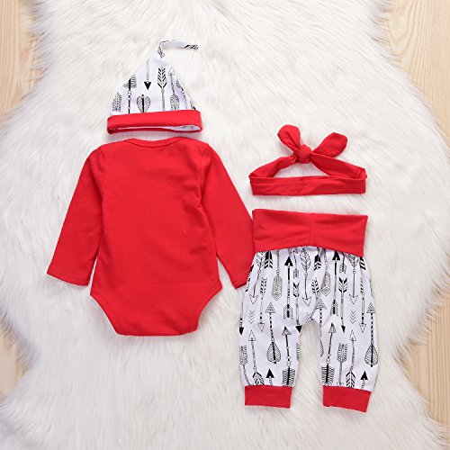 4Pcs Christmas Baby Boy Girls Long Sleeve Snow Romper Bodysuit+Arrow Pant+Hat+Headband Clothes (6-12Months, Red&White)