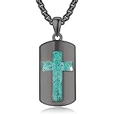 ADMETUS Cross Dog Tag Necklace for Men Sterling Silver Turquoise Cross Pendant Necklace for Men Protection Jewelry Religious Gifts