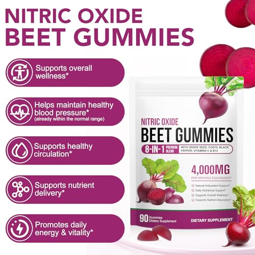 Beet Root Gummies for Blood Pressure, Nitric Oxide Booster, Heart Health, Energy Level Suport | with CoQ10 & 20:1 Beet Root Extract, Grapeseed Extract, Vitamin B12/C, Sugar-Free | 90 Chews