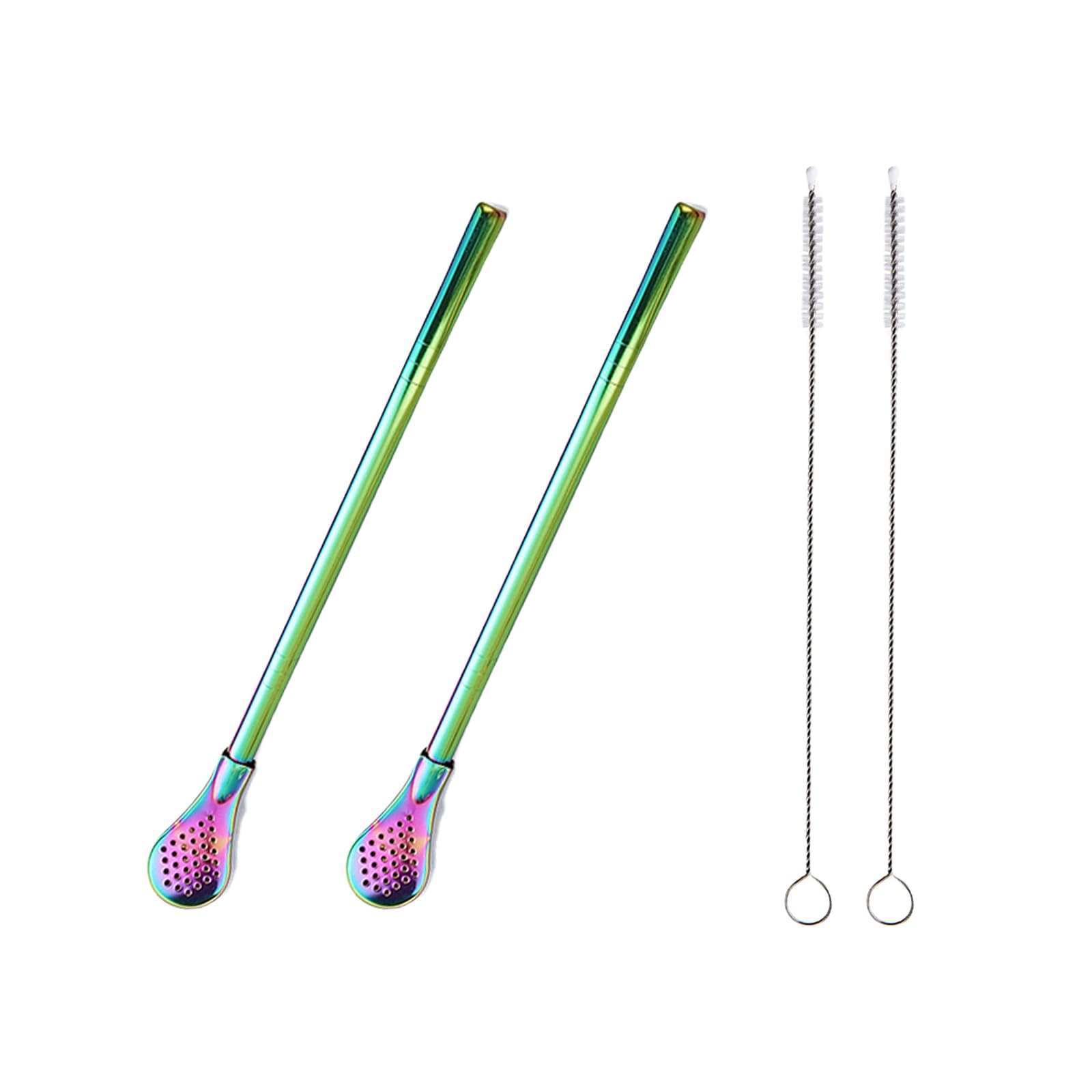 2 Pieces Stainless Steel Straw Spoon Filter with 2 Cleaning Brush, Reusable Tea Spoon for Loose Tea, Yerba Mate Straw, Metal Drinking Straws, Coffee Stirrers for Drinks Milk Beverage (Colorful)