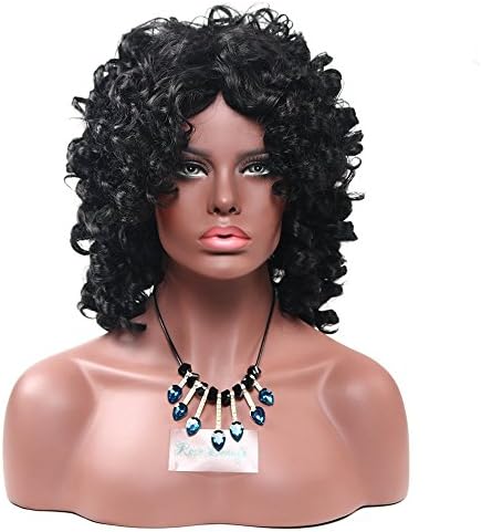 HUA MIAN LI Black Short Kinky Curly Ladies Wigs Realistic Looking Heat Resistant Synthetic Full Hair Replacement Wigs for Women with Free Wig Grip Band Middle Part 10 inch with Wig Grip Band + Wig Cap