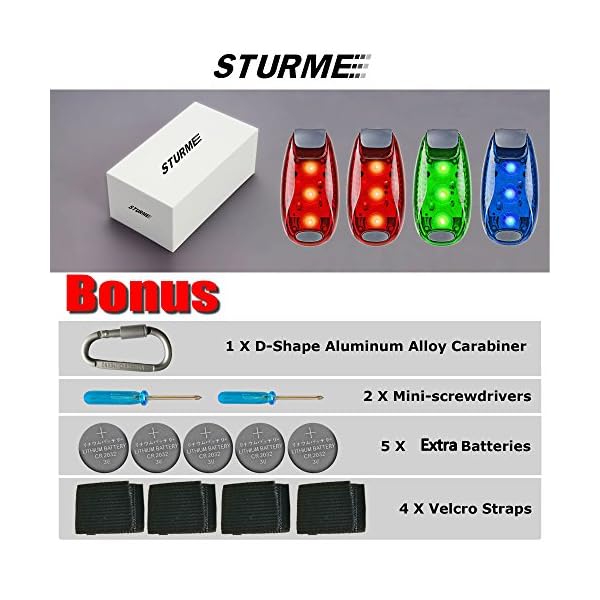 STURME-LED-Safety-Light-4-pack-5-FREE-Bonuses-battery-Clip-On-StrobeRunning-Lights-for-Runner-Bike-Dogs-Walking-Jogging-The-best-accessories-for-your-reflective-gear-Bicycle-cycling