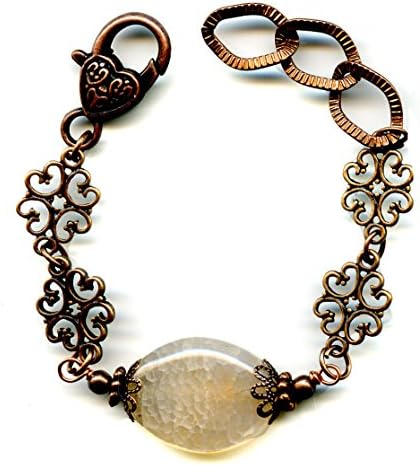 White Fire Agate Gemstone and Copper Link Bracelet Artisan Handmade Adjustable Length 6.5 to 7.5 Inches